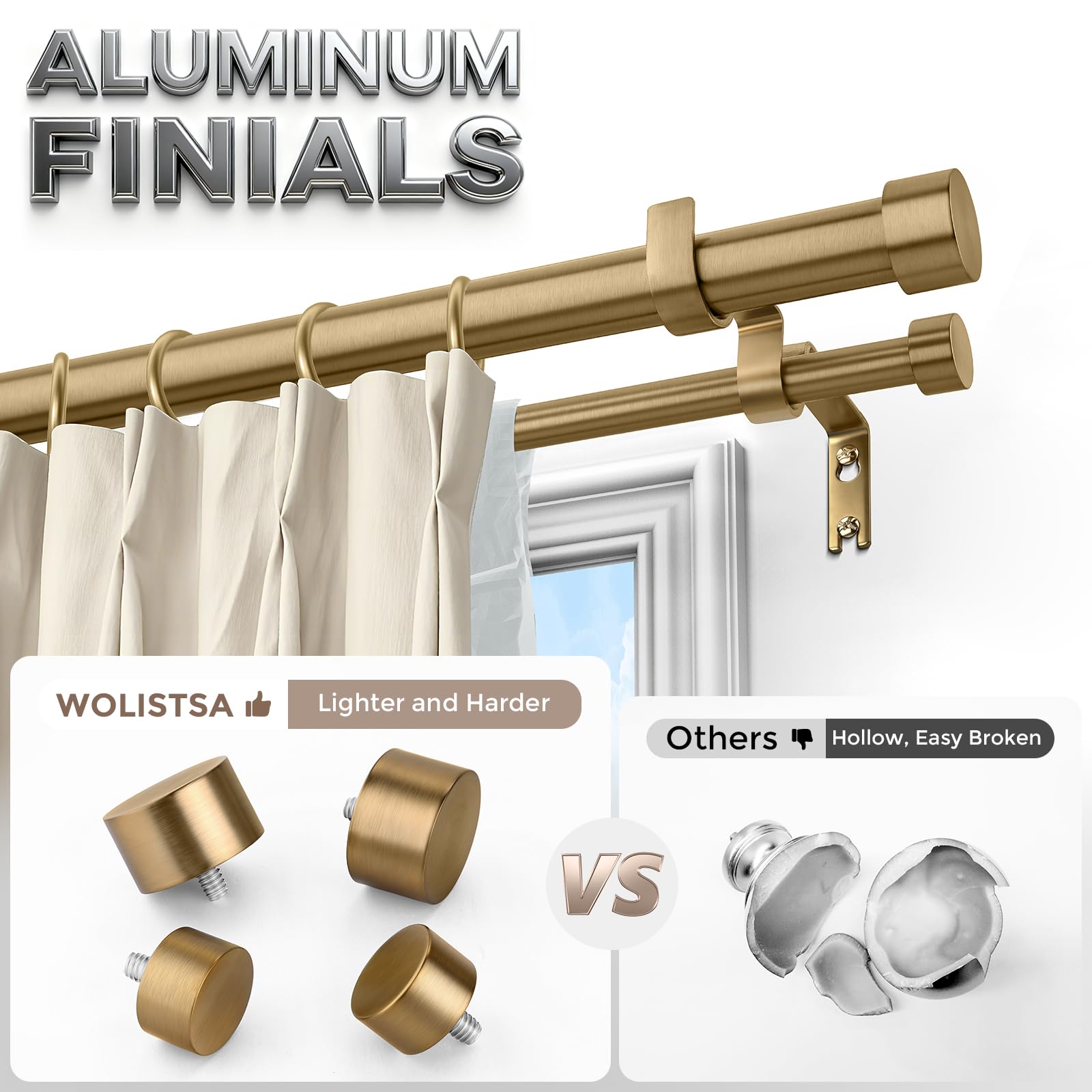 Wolistsa warm gold double curtain rod front 1-inch diameter for strong support.