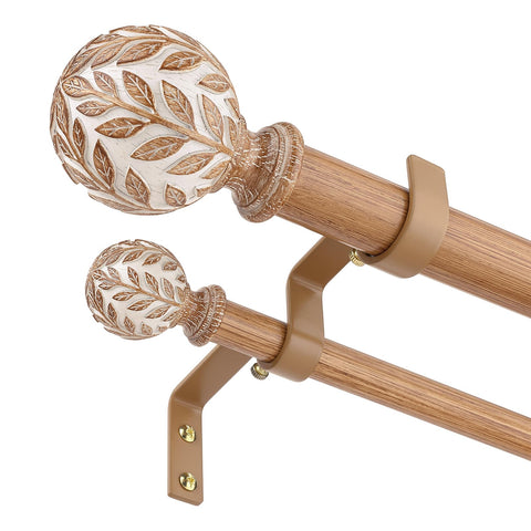 Wolistsa wood double curtain rod with leaf finial in a natural finish.