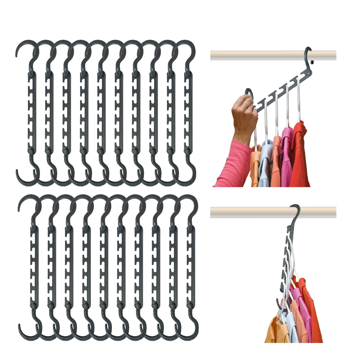 Wonder Hanger Max space-saving hangers maximize closet space and keep clothes organized.