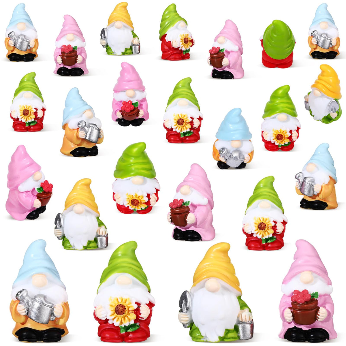 Wonderjune spring mini gnomes with sunflowers brighten planters and shelves.