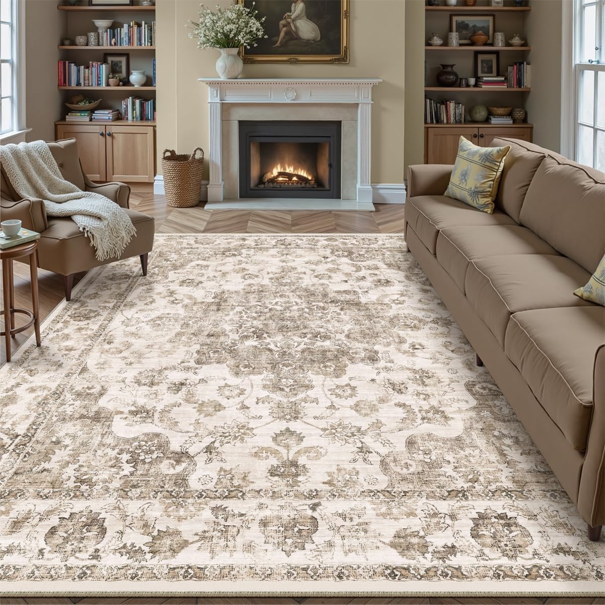 WondRg 8x10 rug overall view shows neutral vintage style in living spaces.