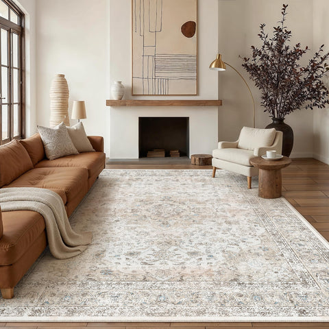 WondRg 8x10 vintage medallion rug in beige and grey adds warm living room ambiance