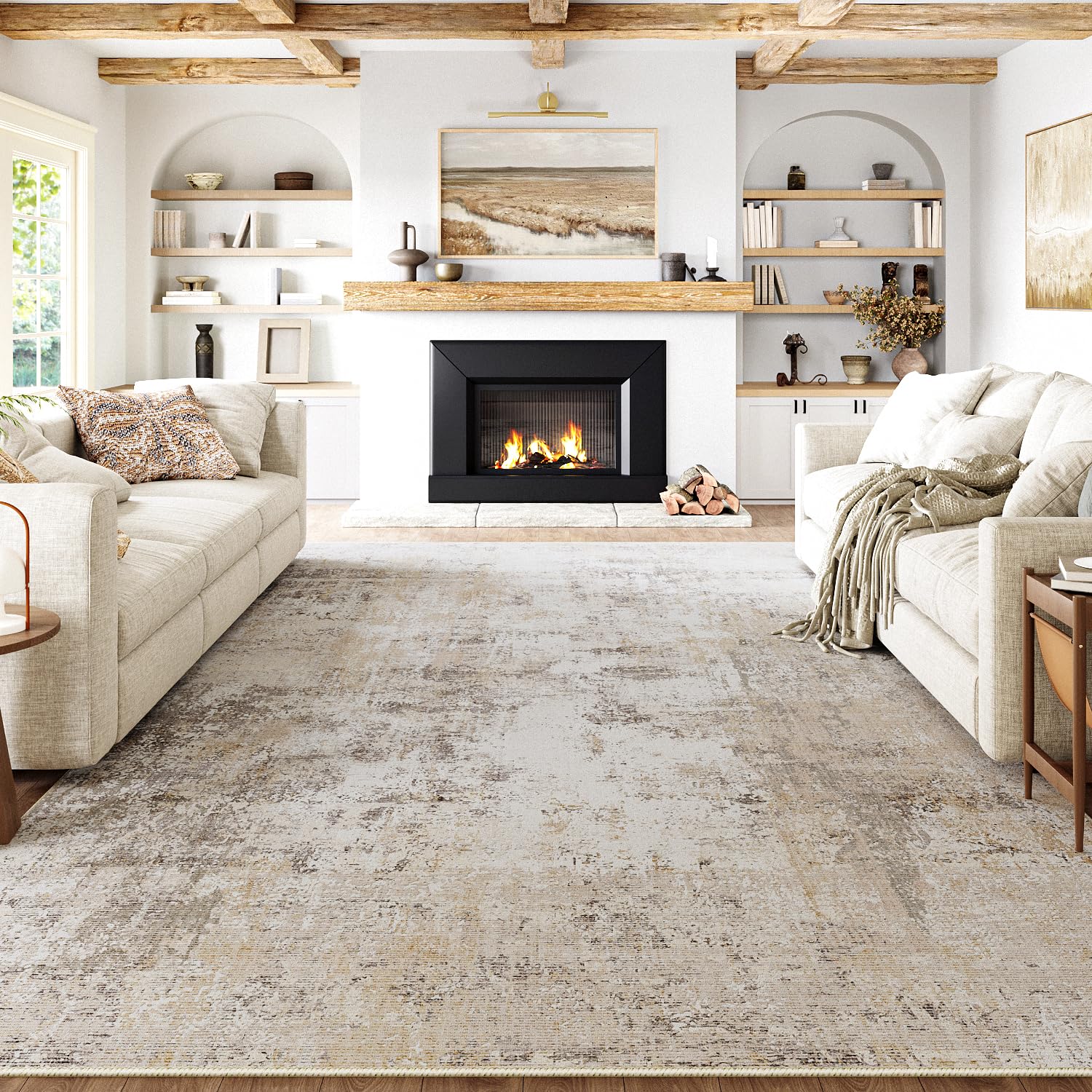 WondRg 8x10 washable area rug in beige and grey, abstract pattern, ideal for living rooms.