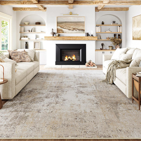 WondRg 8x10 washable area rug in beige and grey, abstract pattern, ideal for living rooms.