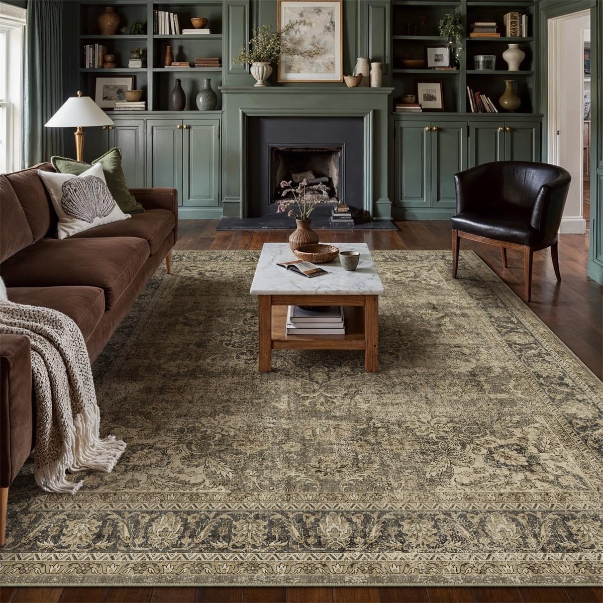 WondRg 8x10 washable rug with brown vintage distressed pattern for living room decor.