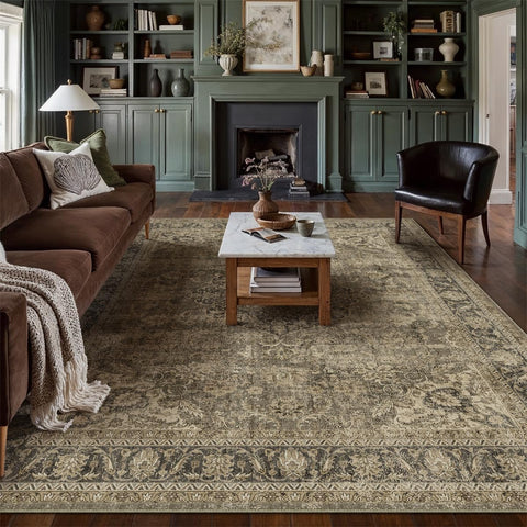WondRg 8x10 washable rug with brown vintage distressed pattern for living room decor.