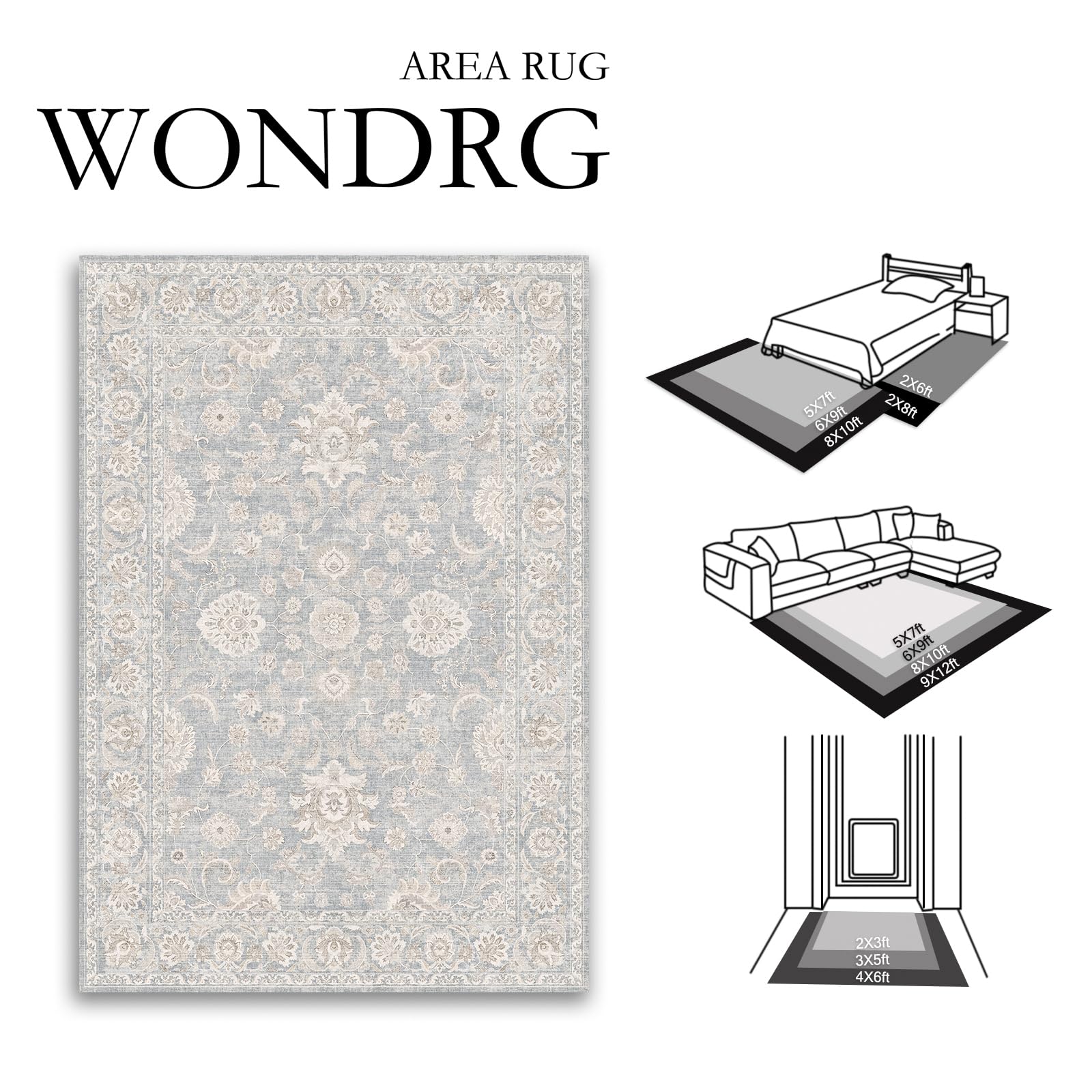 WondRg rug in bedroom featuring neutral floral design and cozy feel