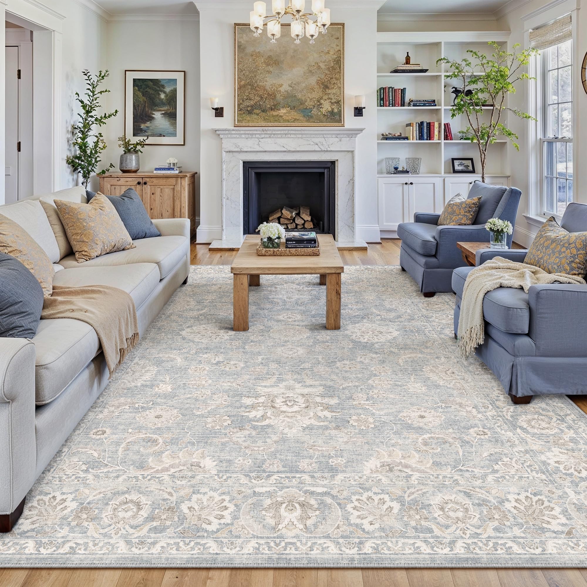 WondRg blue cream washable area rug in living room with soft underfoot and versatile decor
