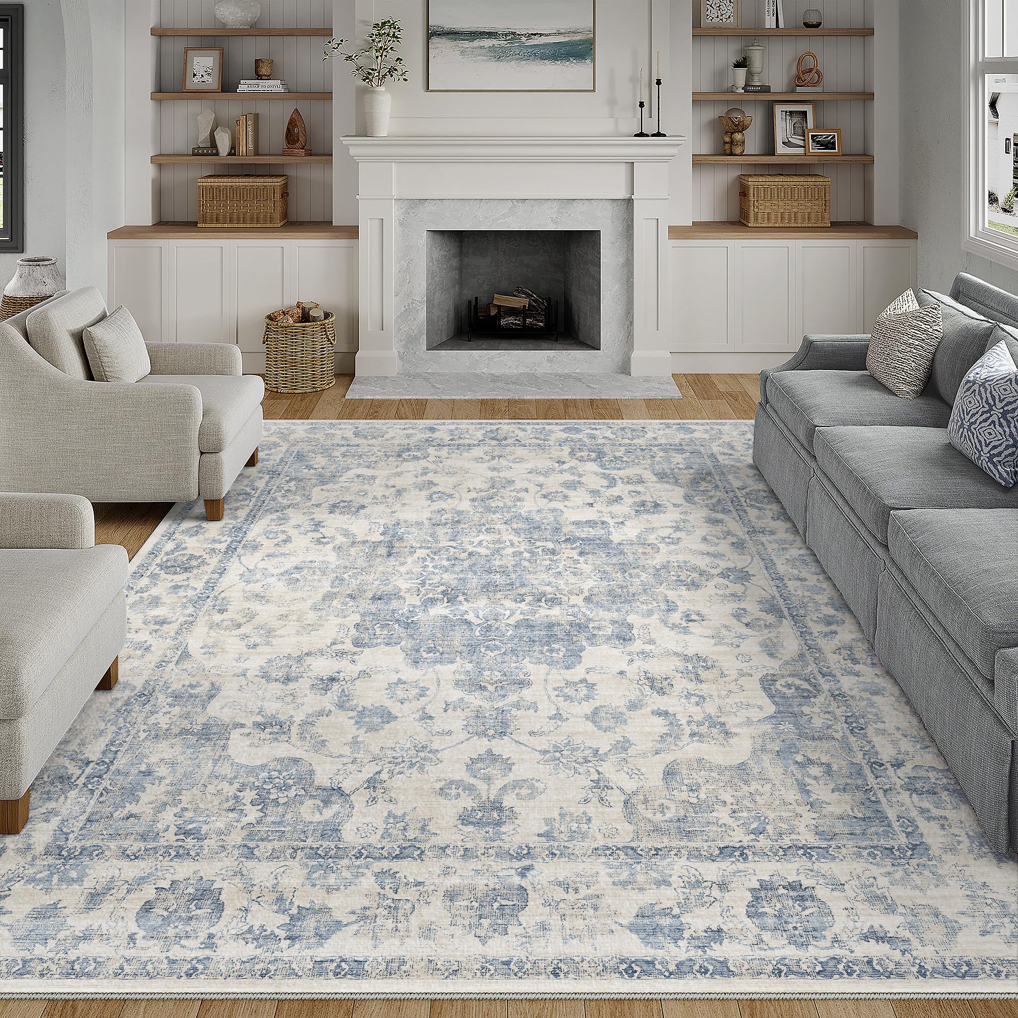 WondRg 8x10 blue vintage rug with floral pattern for living rooms.