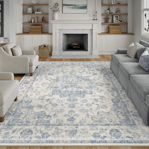 WondRg 8x10 blue vintage rug with floral pattern for living rooms.