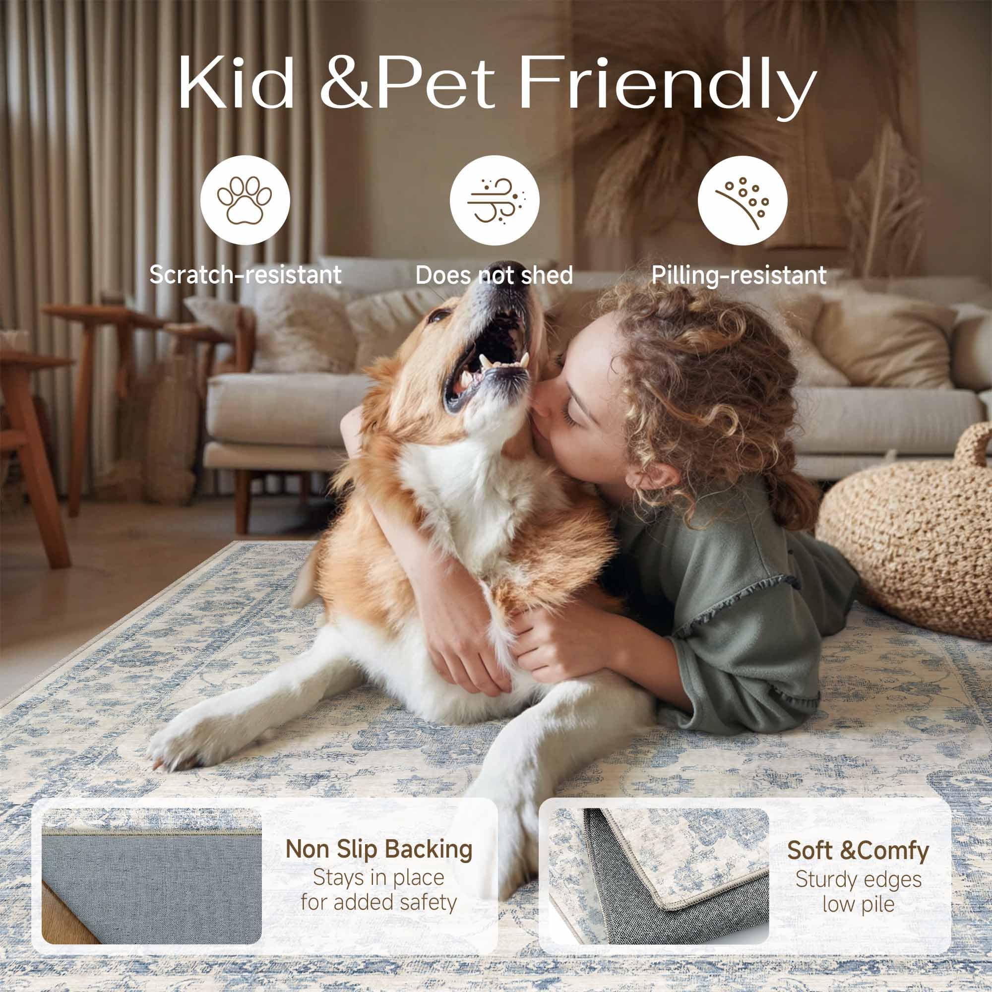 WondRg low-pile dining room rug fits under tables easily.
