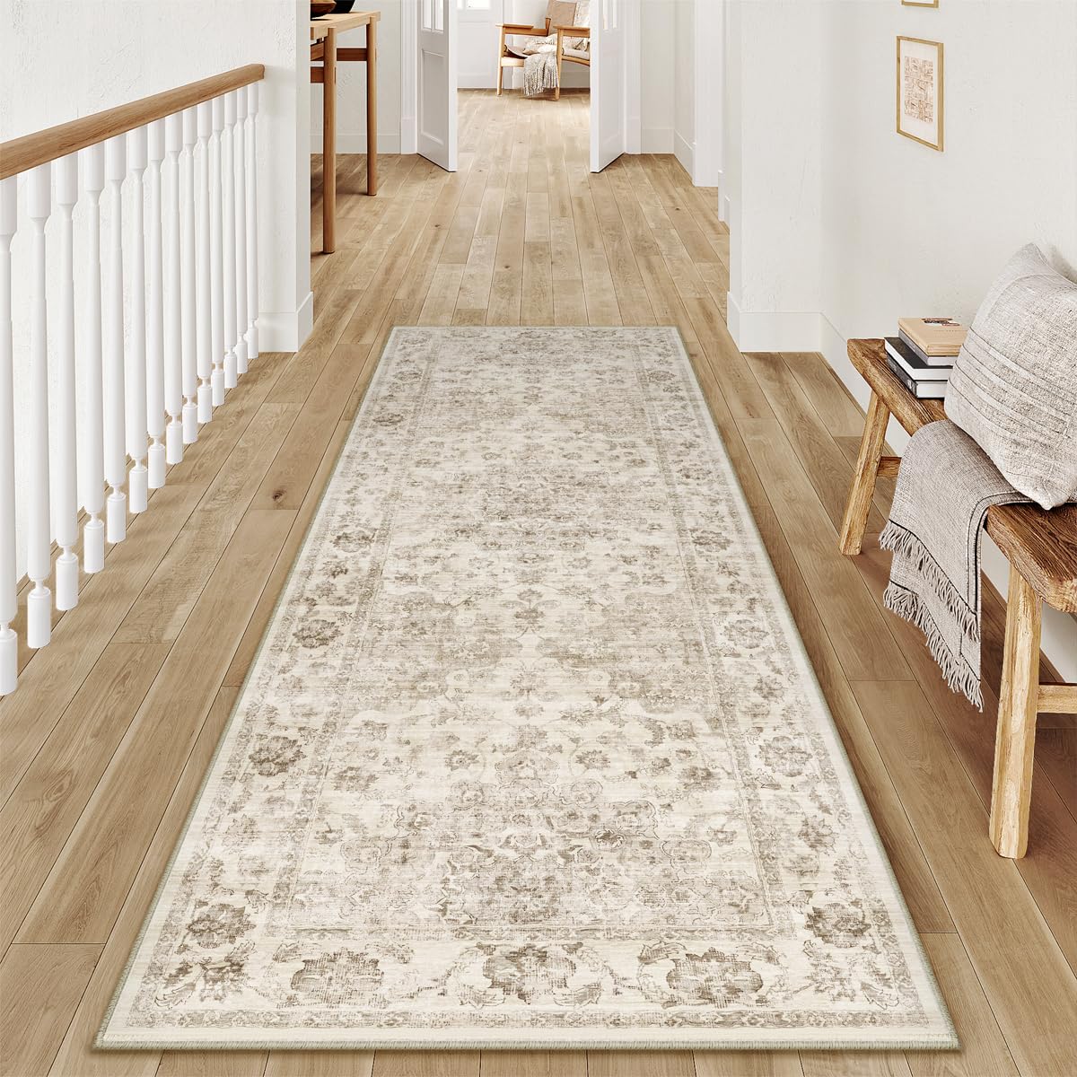 WondRg neutral runner rug in beige vintage pattern for stylish entryways.
