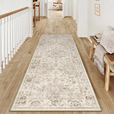 WondRg neutral runner rug in beige vintage pattern for stylish entryways.