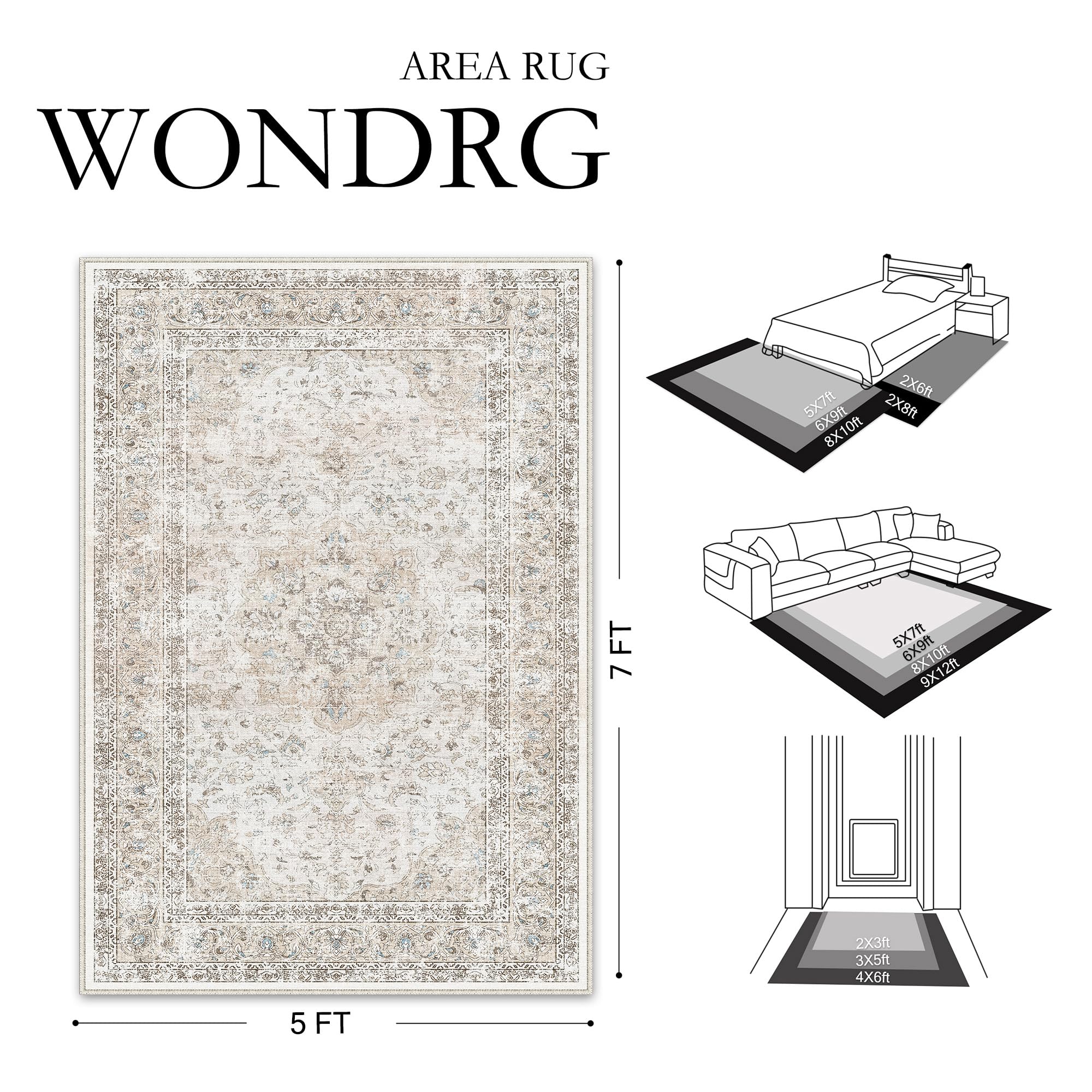WondRg retro floral pattern rug for a timeless, neutral bedroom backdrop