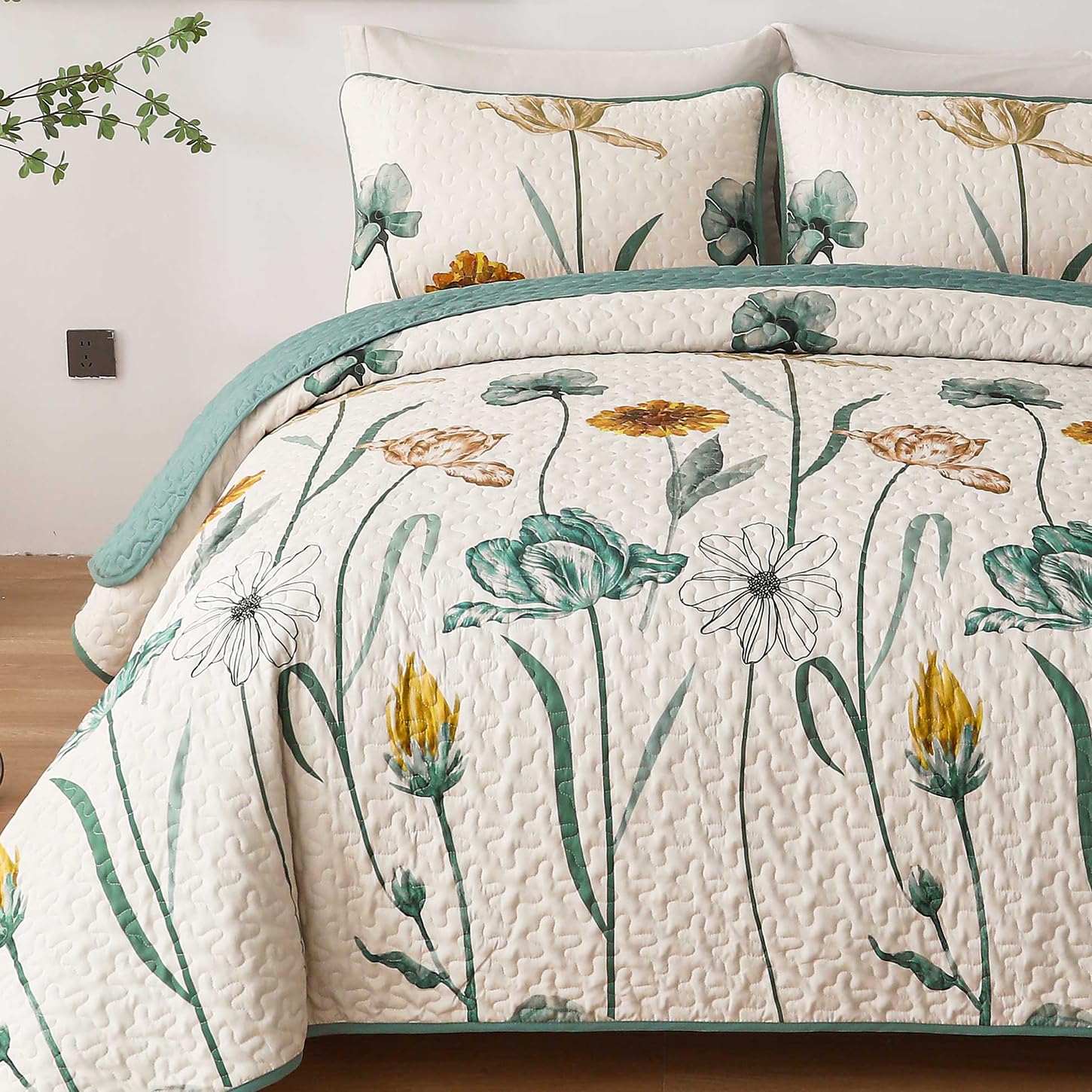 WONGS BEDDING bedroom scene in farmhouse style with green yellow accents