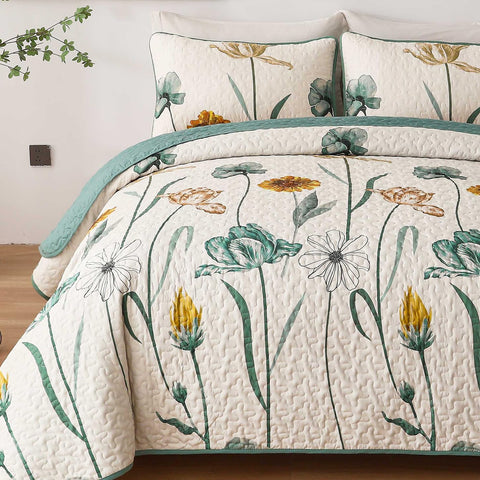 WONGS BEDDING bedroom scene in farmhouse style with green yellow accents