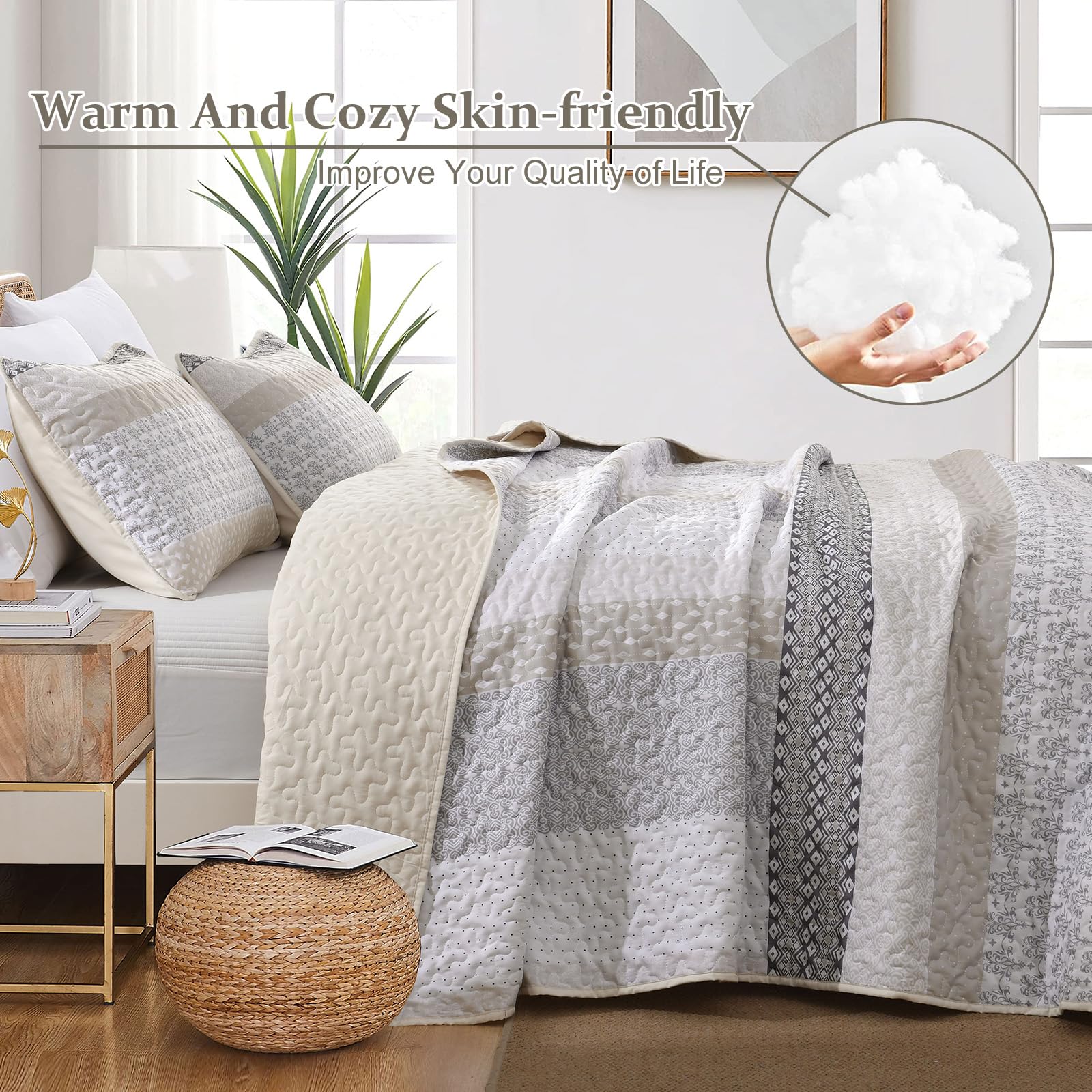 WONGS BEDDING beige quilt queen close-up stitching shows durable microfiber construction