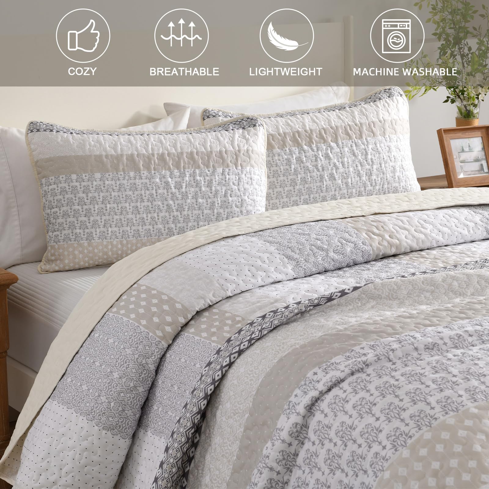 WONGS BEDDING beige quilt queen bedroom scene illustrates easy room styling