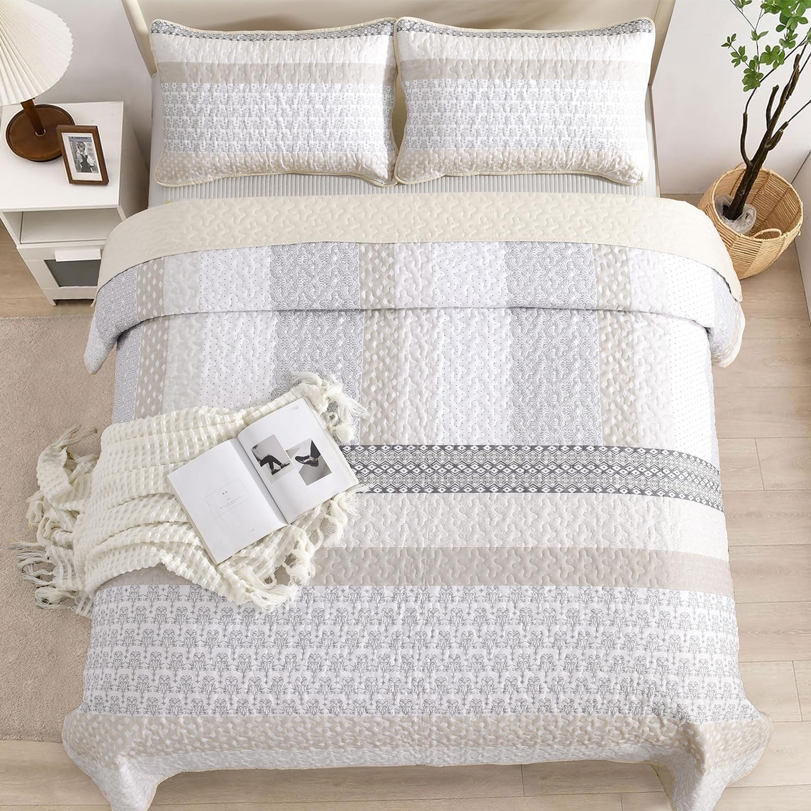 WONGS BEDDING beige quilt queen two shams set demonstrates coordinated bedroom decor