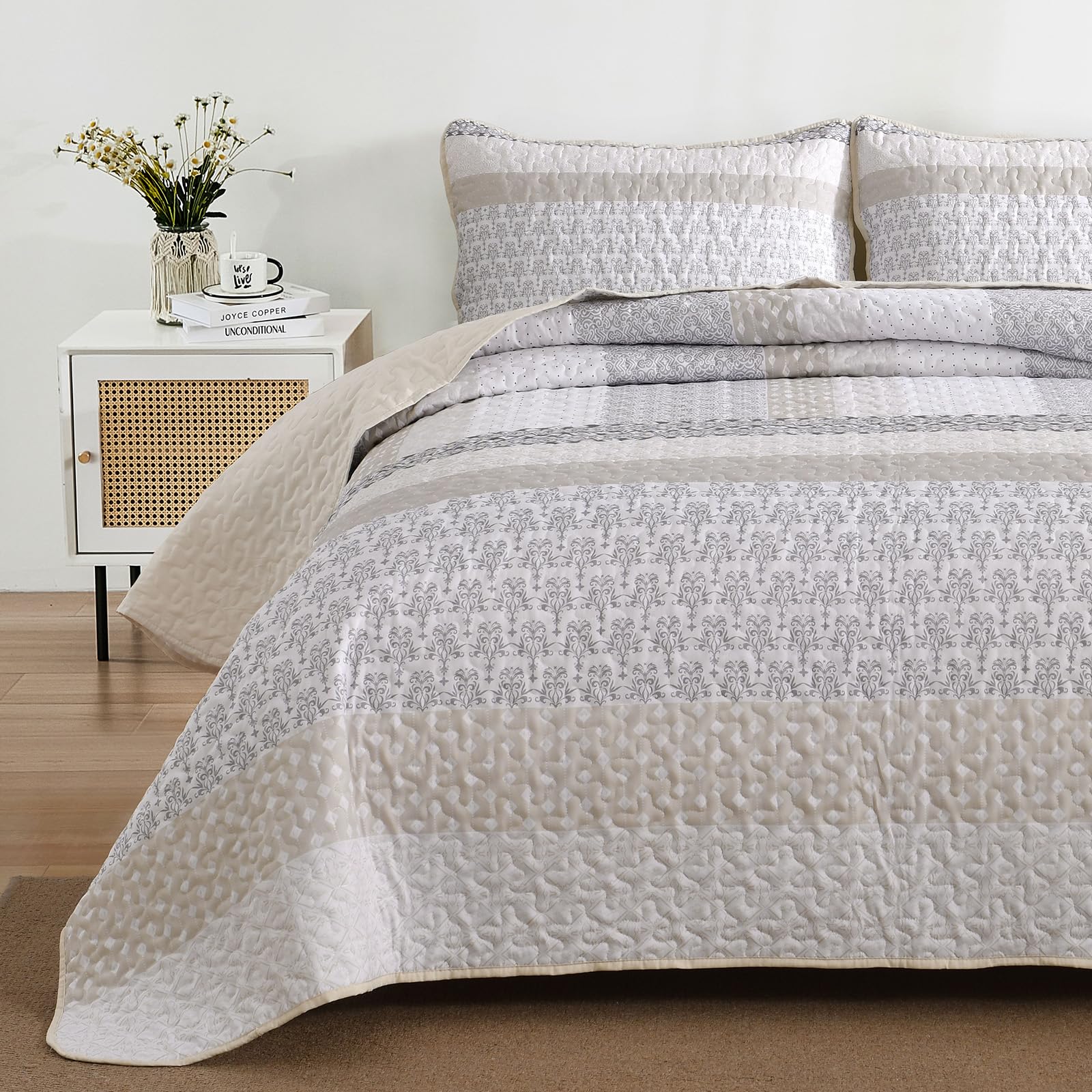 WONGS BEDDING beige quilt queen stripe pattern view emphasizes boho style appeal