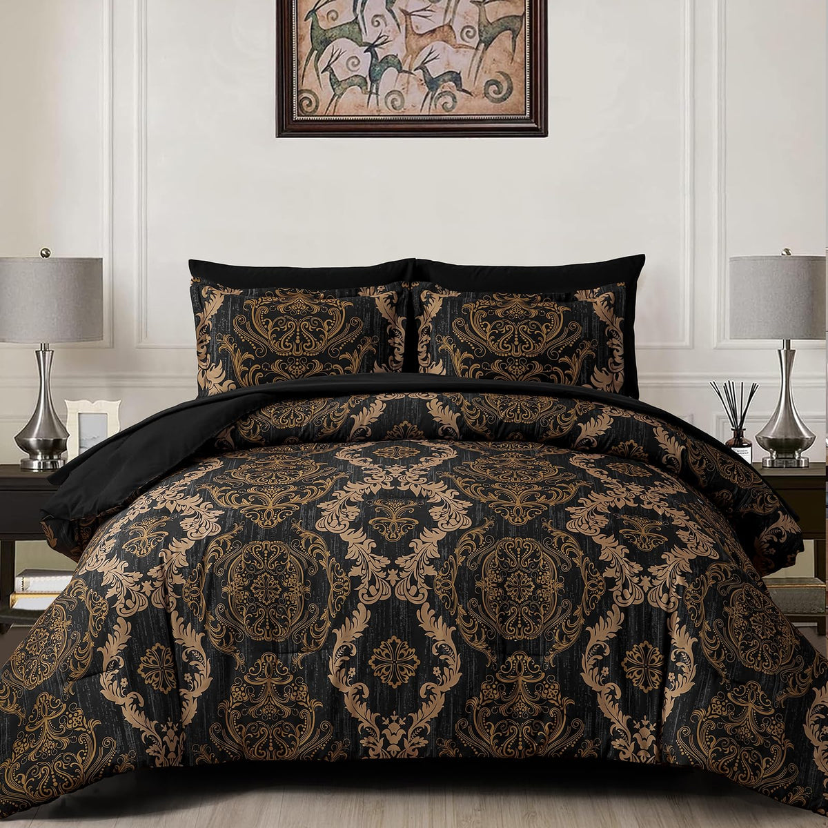 WONGS BEDDING black gold damask comforter set in king size with luxurious look for a chic bedroom upgrade.