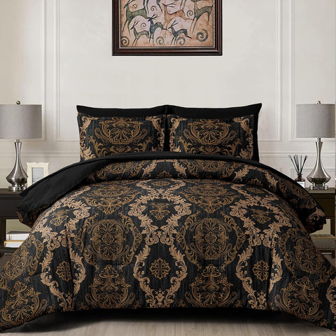 WONGS BEDDING black gold damask comforter set in king size with luxurious look for a chic bedroom upgrade.