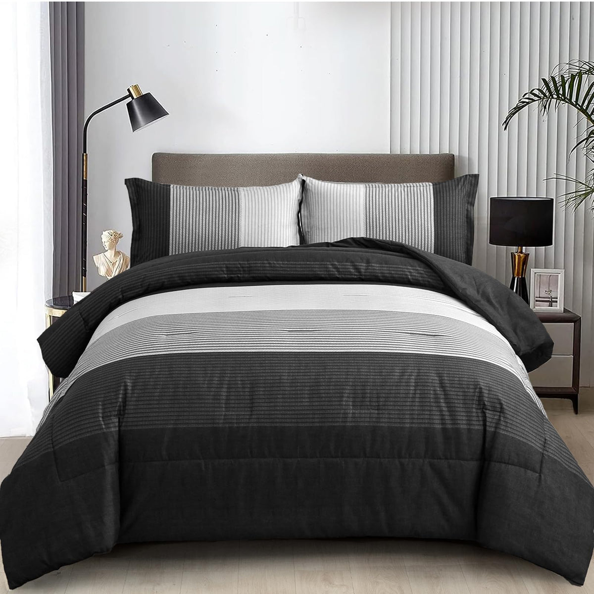 WONGS BEDDING black stripe patchwork comforter adds chic bedroom style