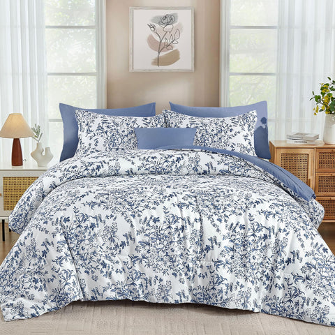 WONGS BEDDING blue floral king comforter on bed for elegant styling