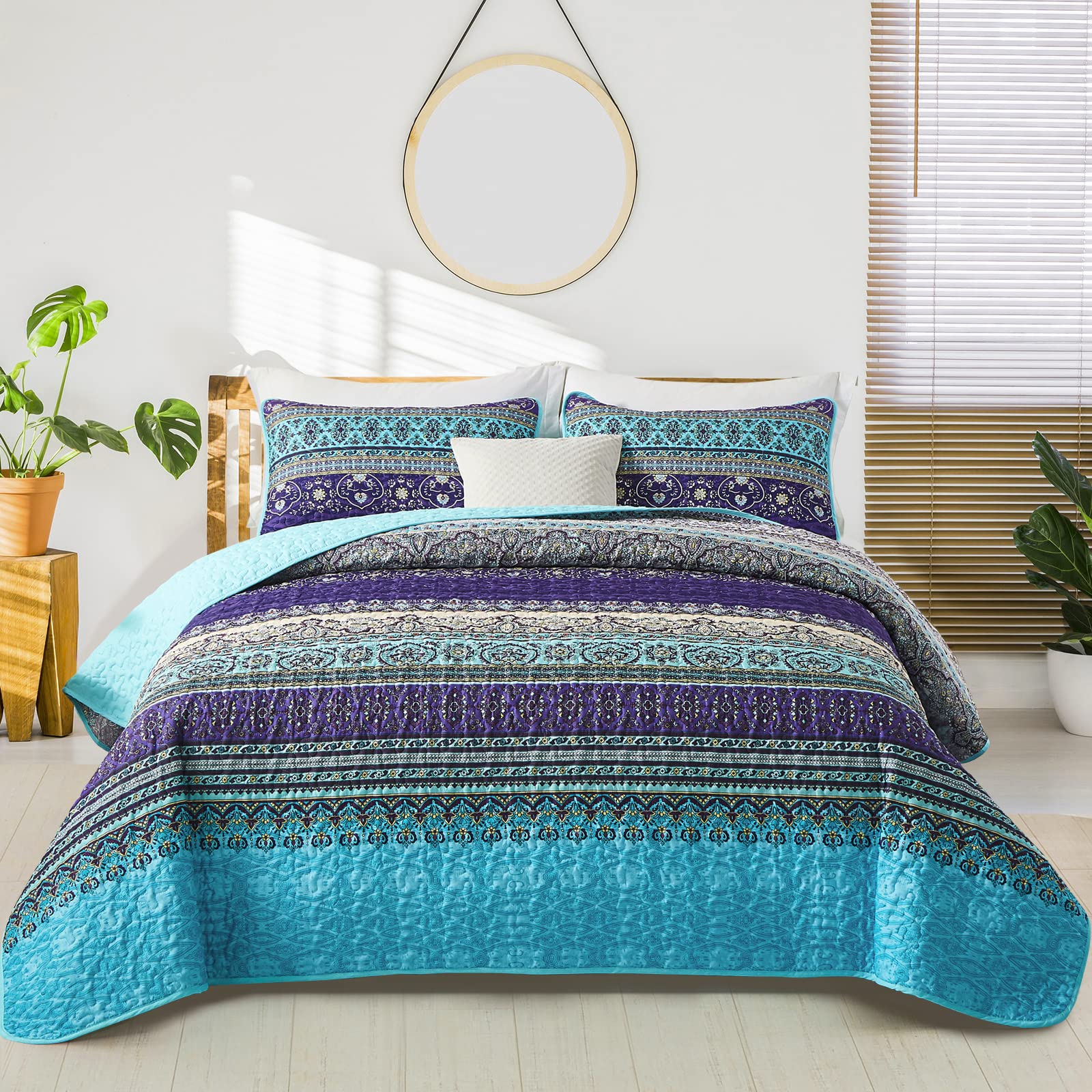 WONGS BEDDING Boho queen quilt with blue purple pattern for all-season comfort.