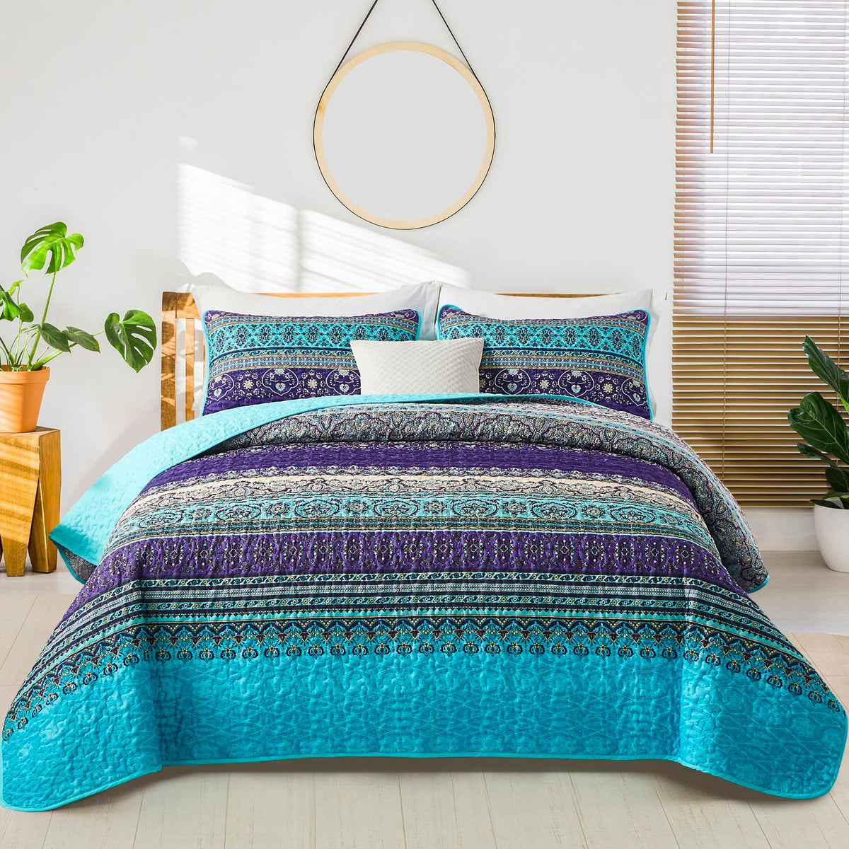 WONGS BEDDING Boho queen quilt with blue purple pattern for all-season comfort.
