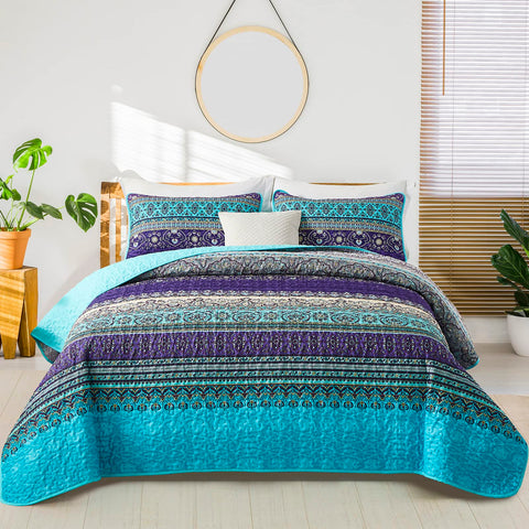 WONGS BEDDING Boho queen quilt with blue purple pattern for all-season comfort.