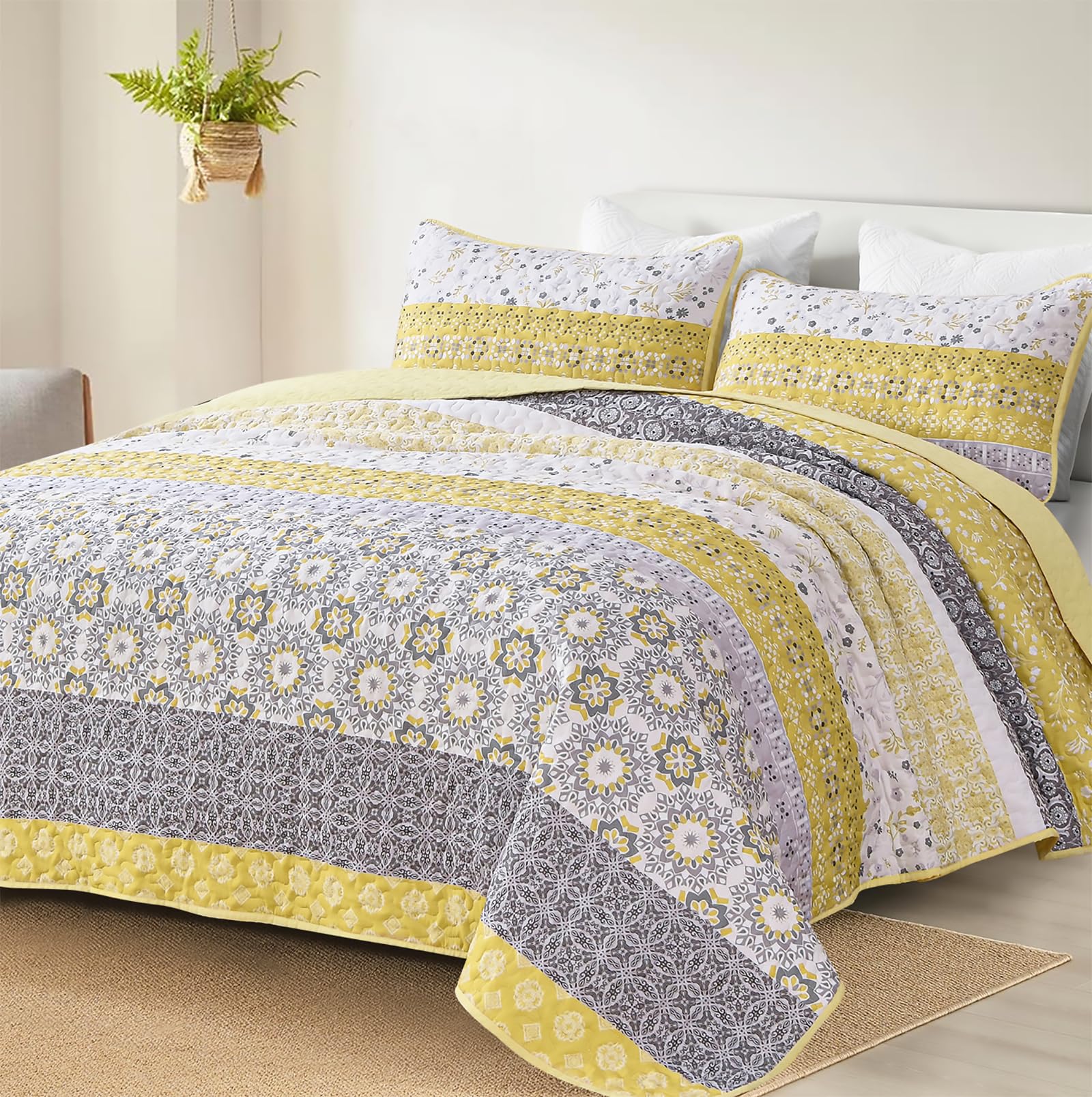 WONGS BEDDING boho quilt queen yellow striped patchwork for cozy bedroom decor