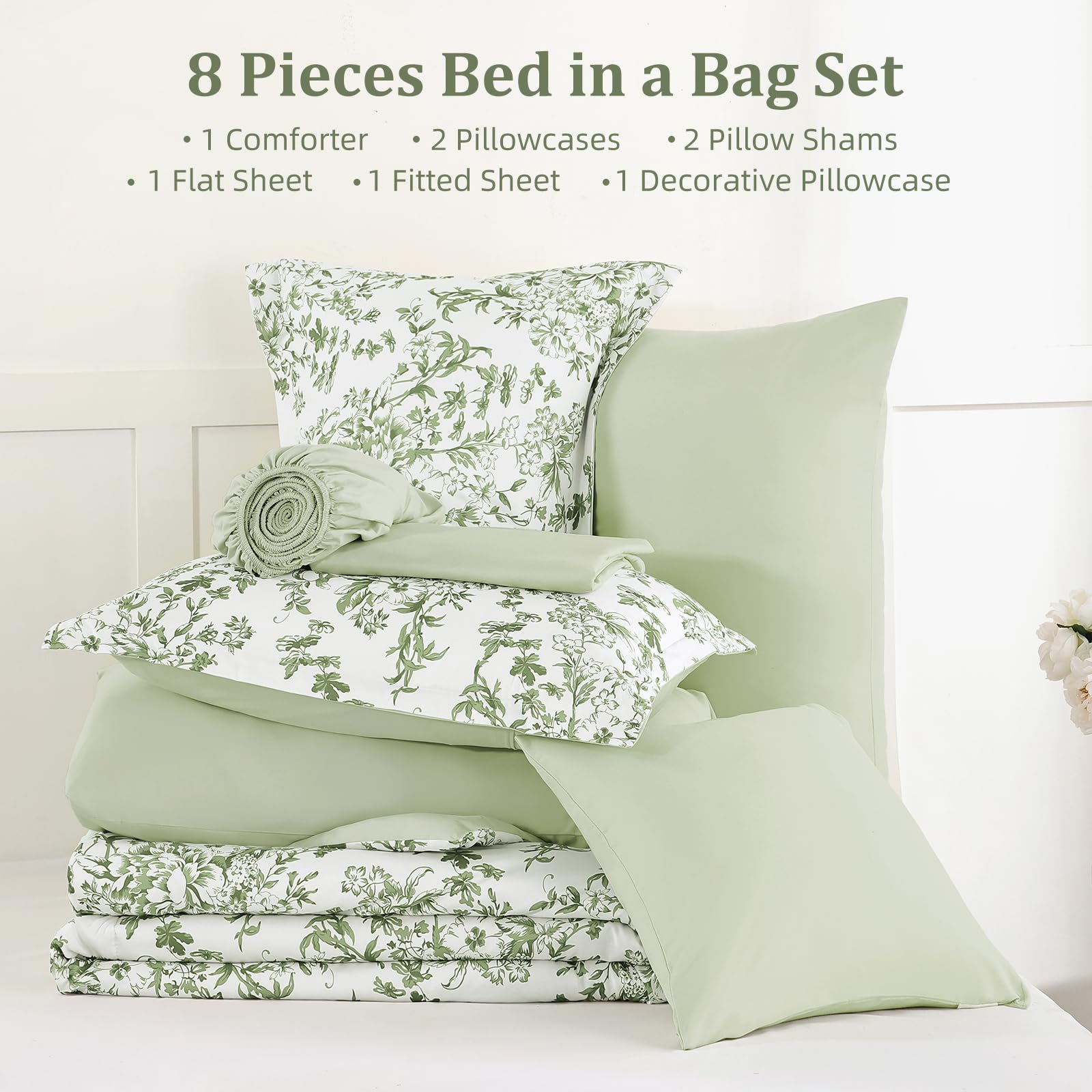 WONGS BEDDING closeup of floral pattern in sage-green tones
