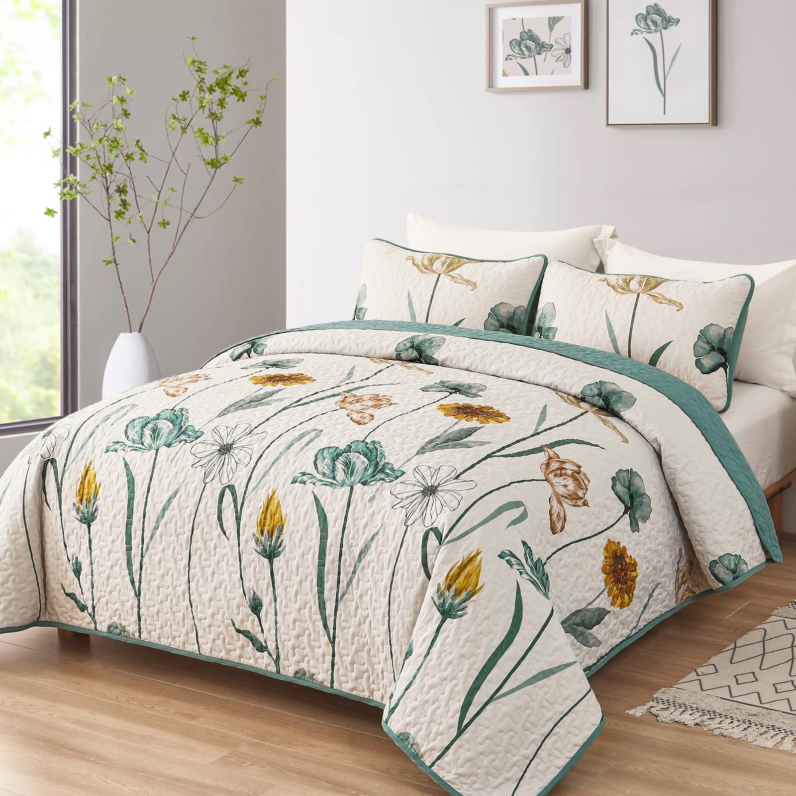 WONGS BEDDING floral quilt closeup print in green yellow with vivid details