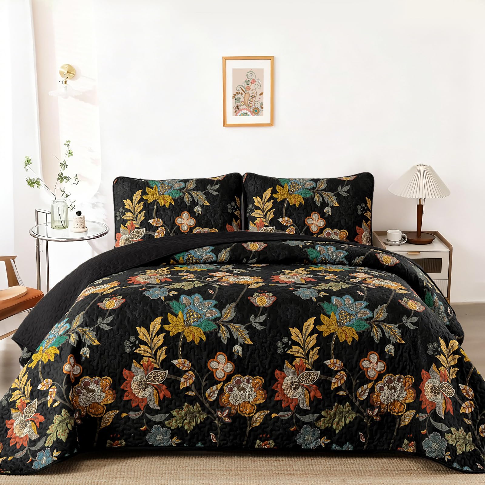 WONGS BEDDING floral quilt set king showcases a bold black floral pattern for elegant year-round style.