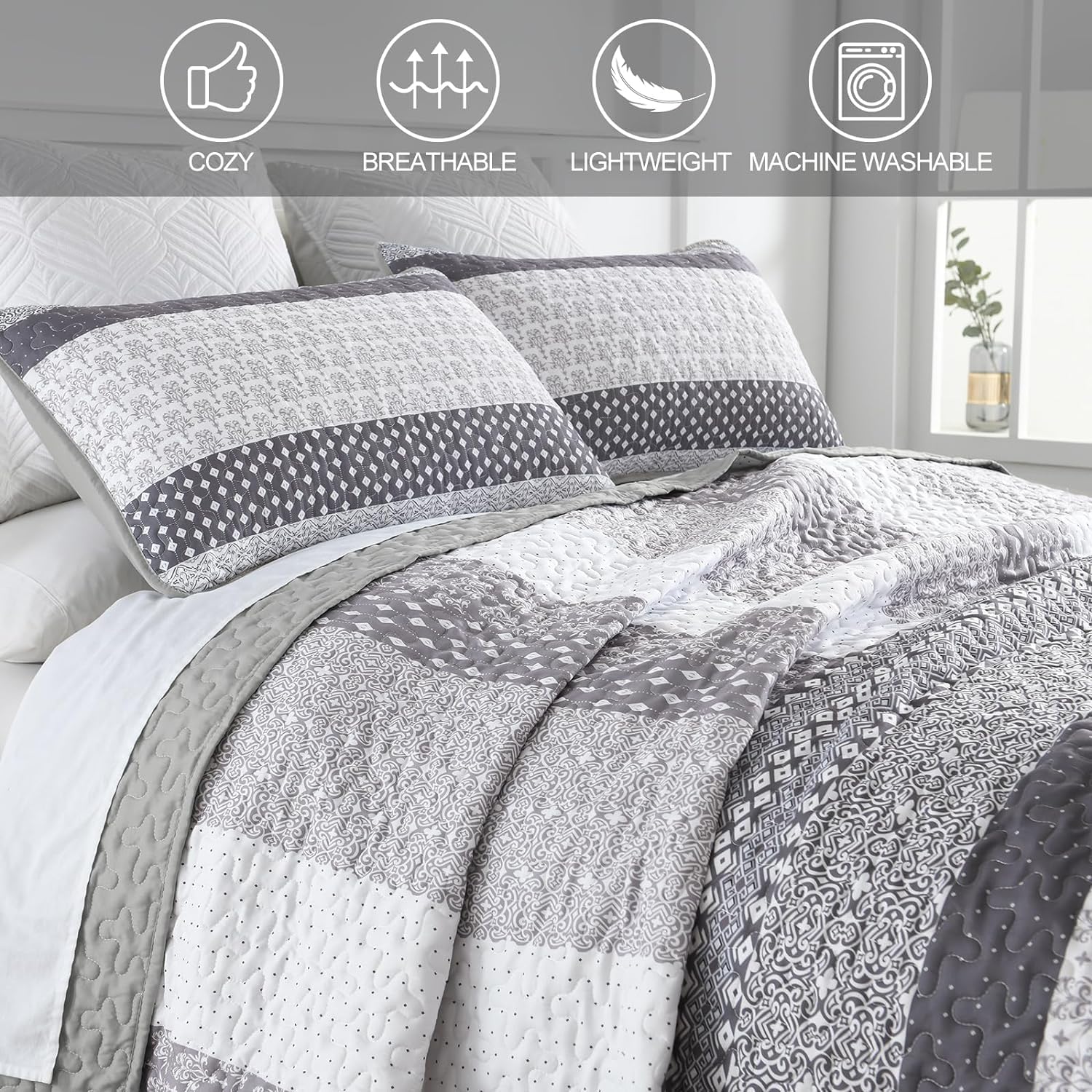 WONGS BEDDING grey boho stripe detail highlighting reversible design