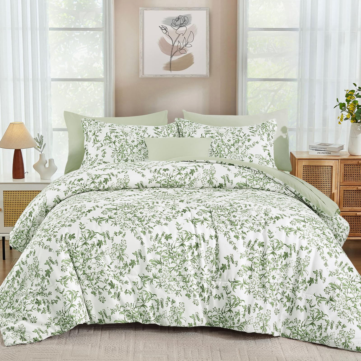WONGS BEDDING king comforter set in sage green floral for all-season comfort