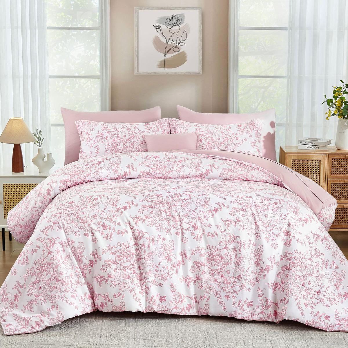 WONGS BEDDING pink floral comforter on bed for a cozy, all-season look.
