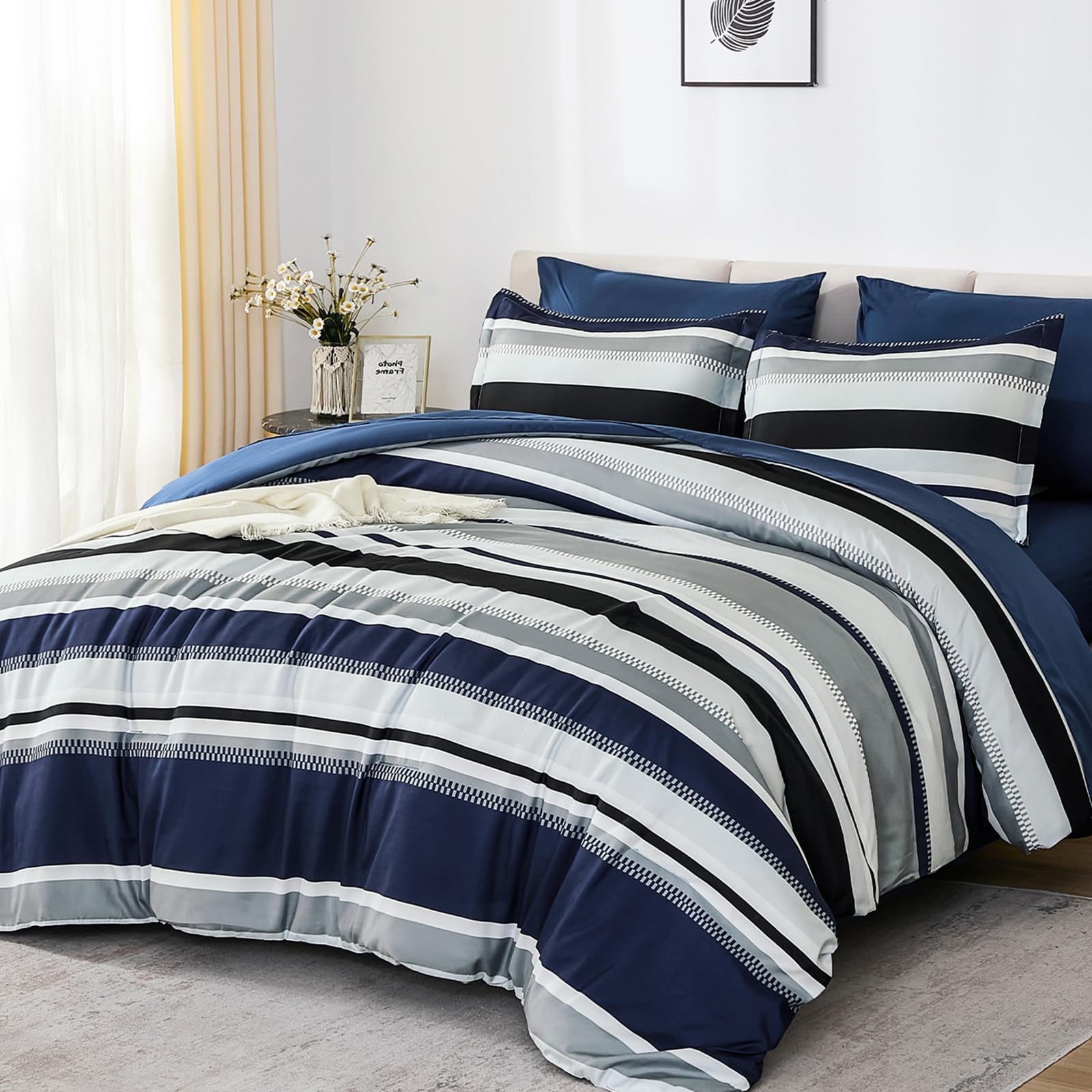 WONGS BEDDING queen comforter with navy stripe patchwork feels soft and cozy.