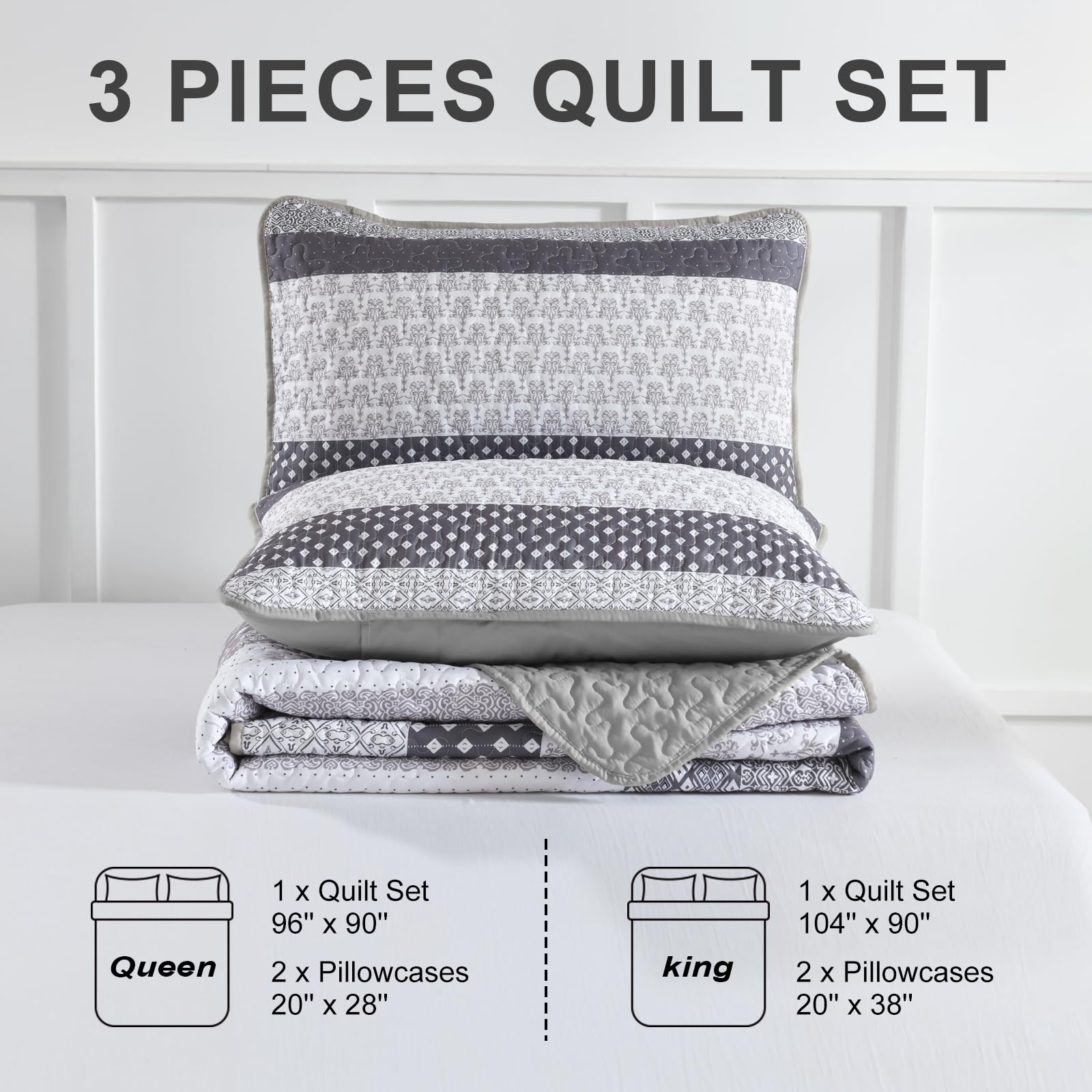WONGS BEDDING soft gray quilt close-up conveys durable microfiber and color depth.