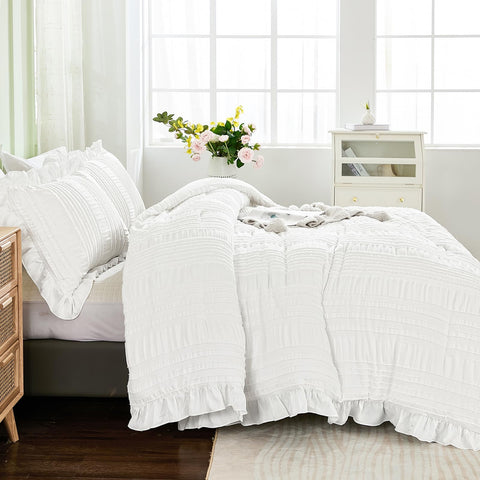 WONGS BEDDING styled bedroom with white queen seersucker bedding for shabby chic vibe
