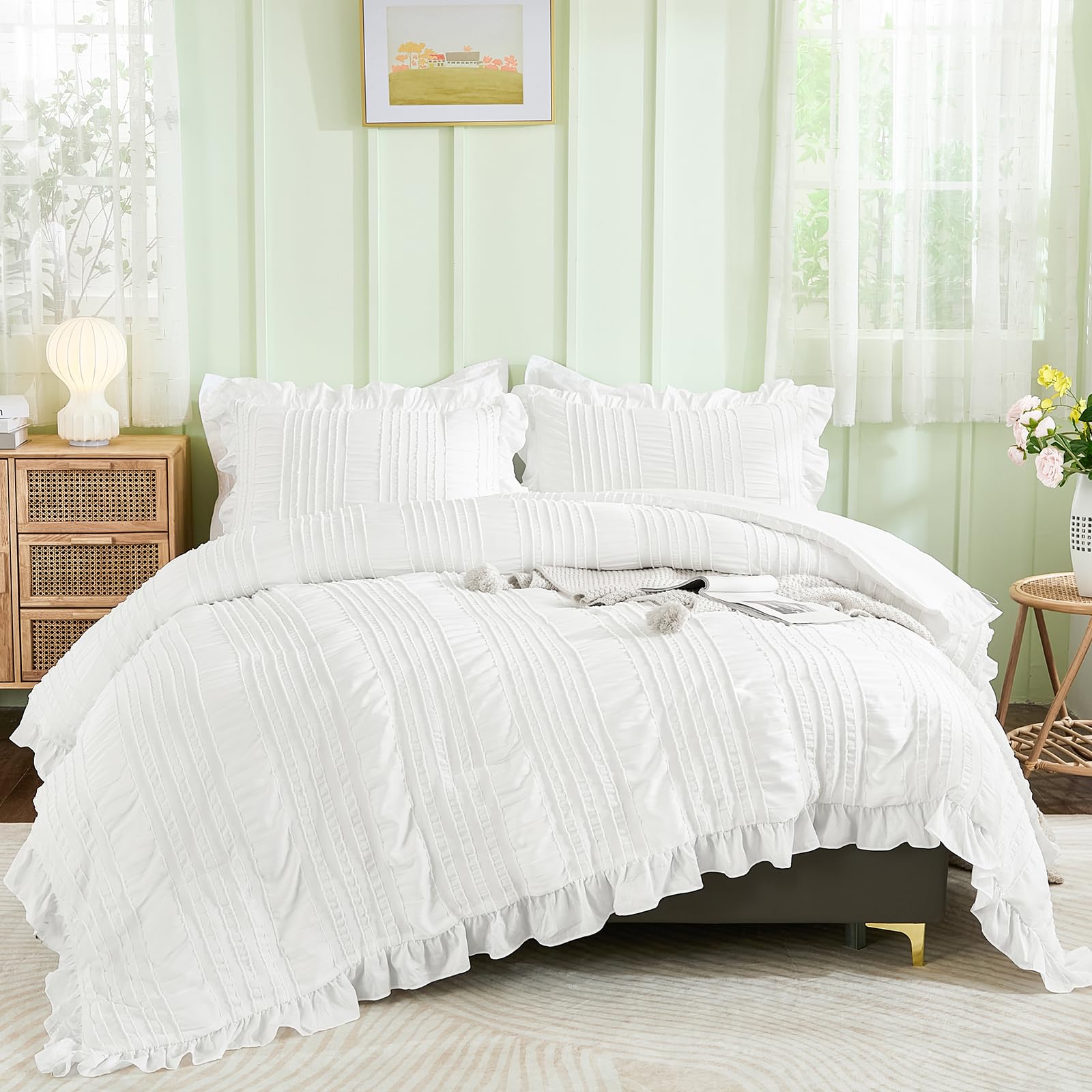 WONGS BEDDING white queen comforter with seersucker and ruffle texture for chic, cozy nights