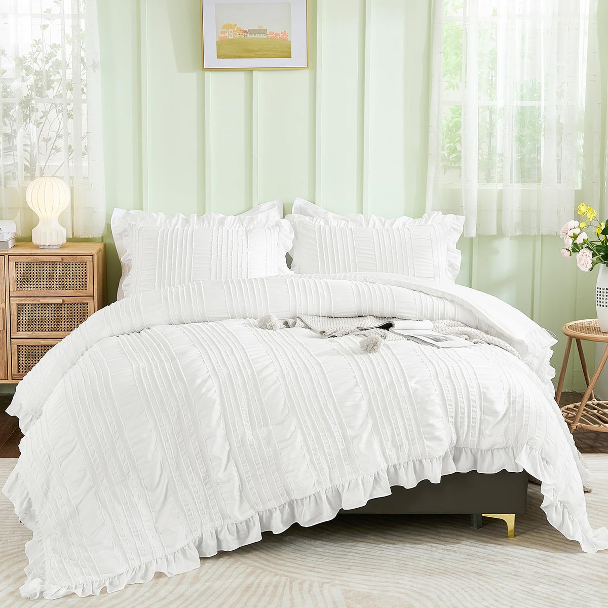 WONGS BEDDING white queen comforter with seersucker and ruffle texture for chic, cozy nights