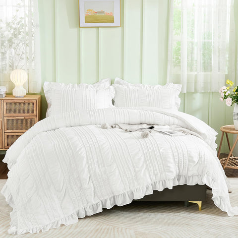 WONGS BEDDING white queen comforter with seersucker and ruffle texture for chic, cozy nights