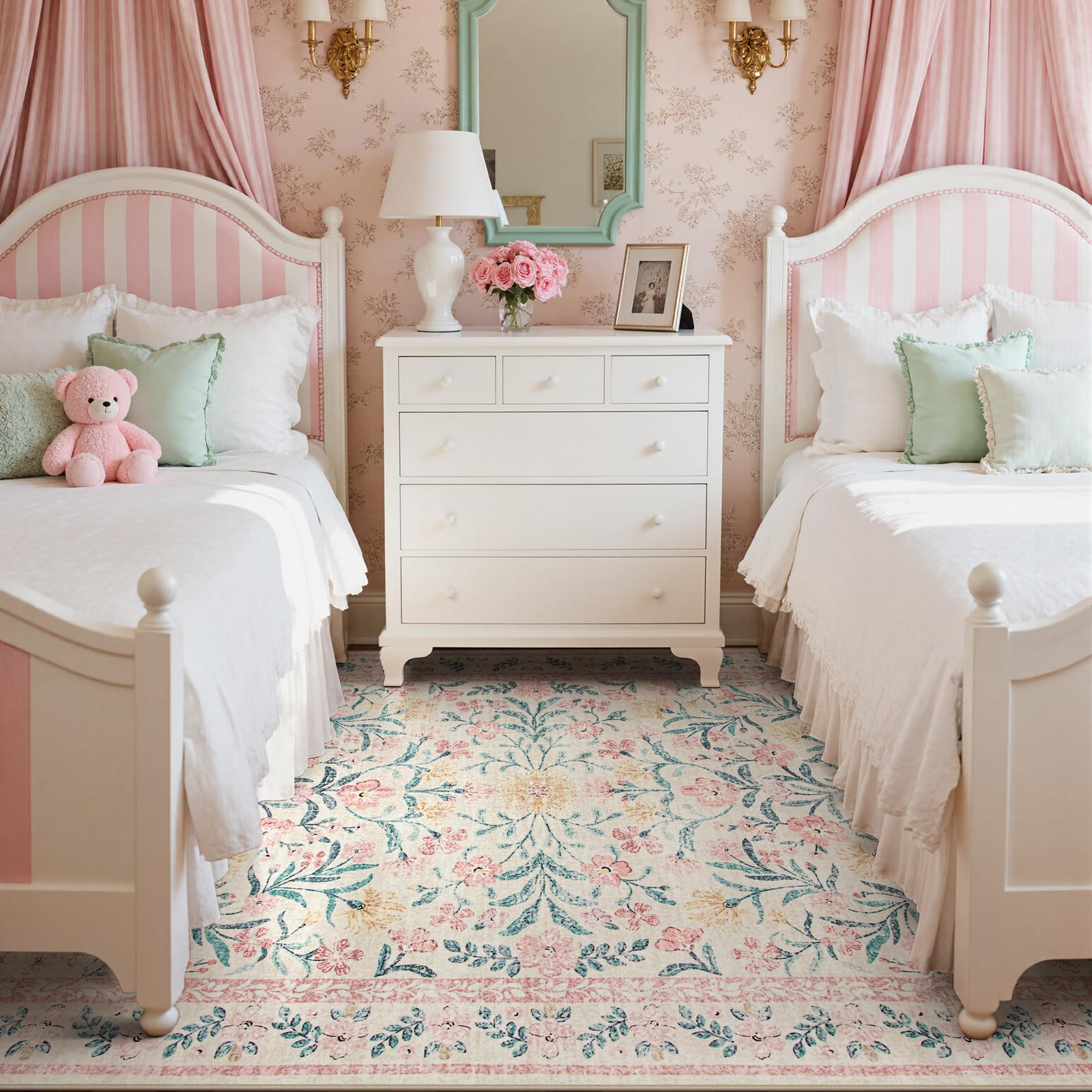 Wonnitar boho floral carpet in bedroom adds warm style.