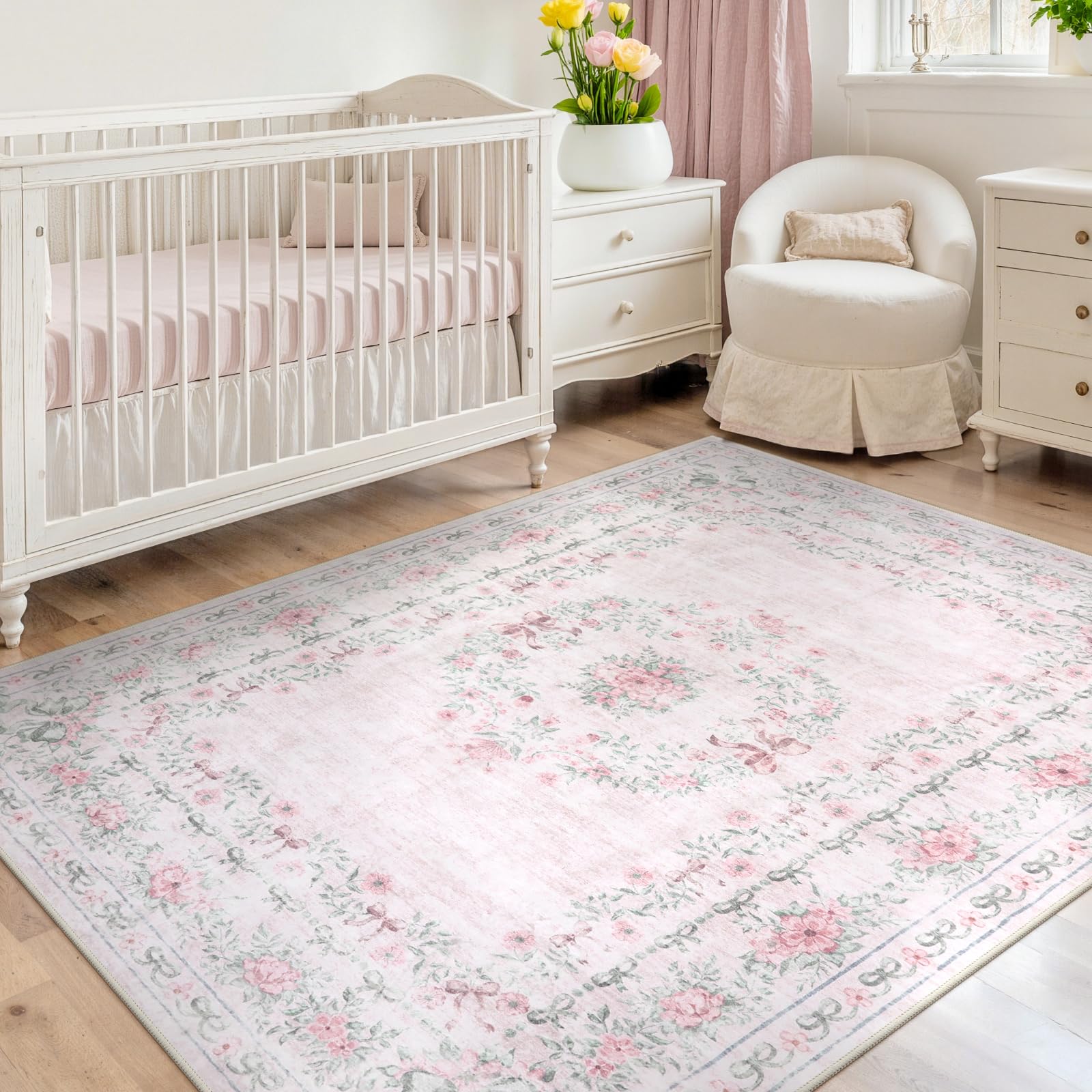 Wonnitar floral bow pink rug with floral surround for a charming kid-friendly space