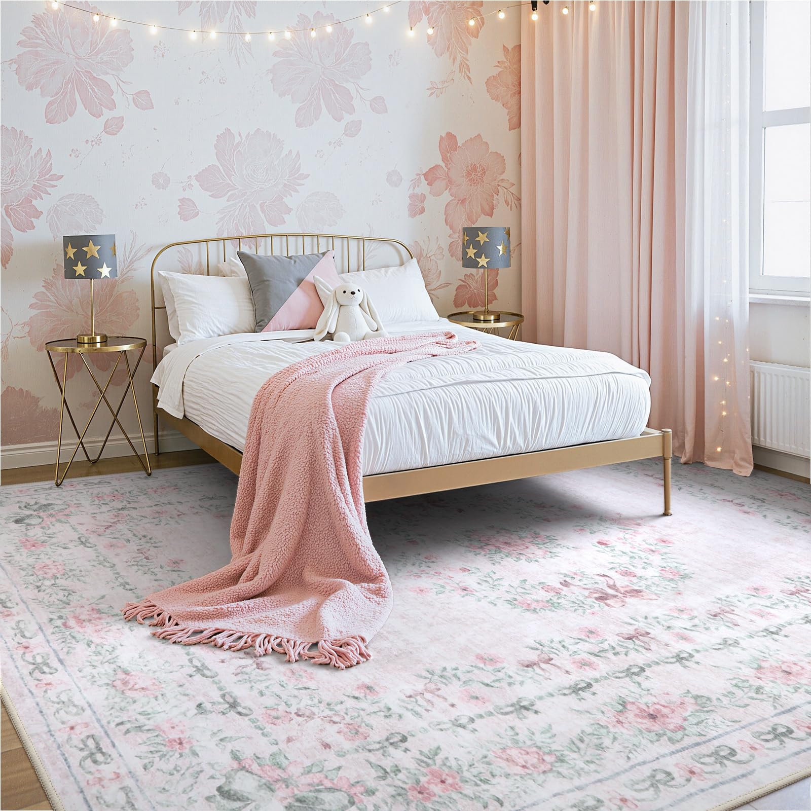 Wonnitar light pink rug creates a calm, inviting space for reading and play