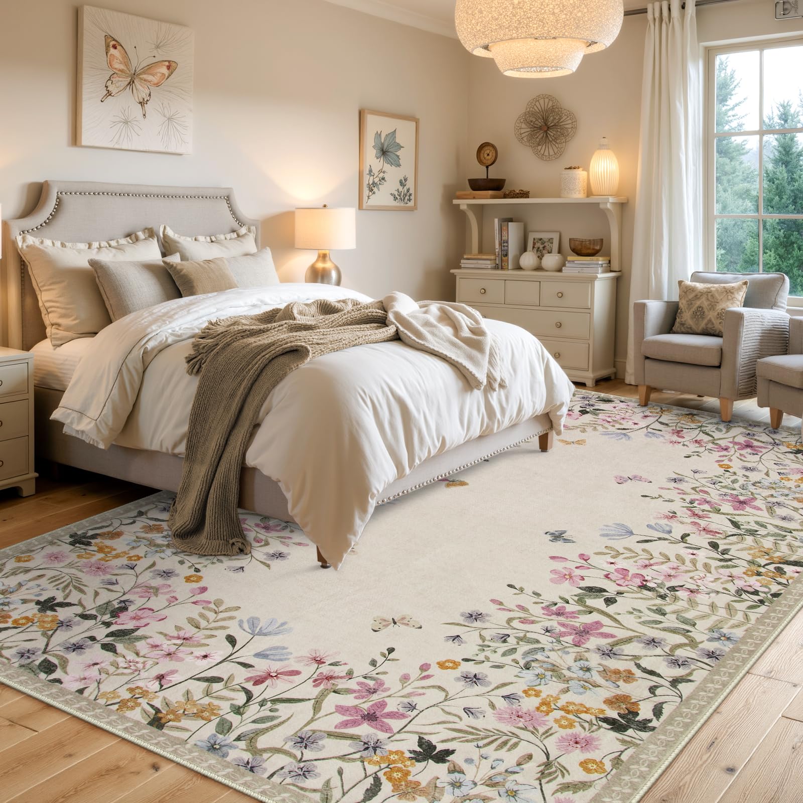 Wonnitar low-pile 0.2 inch beige rug preserves door clearance and traffic flow.