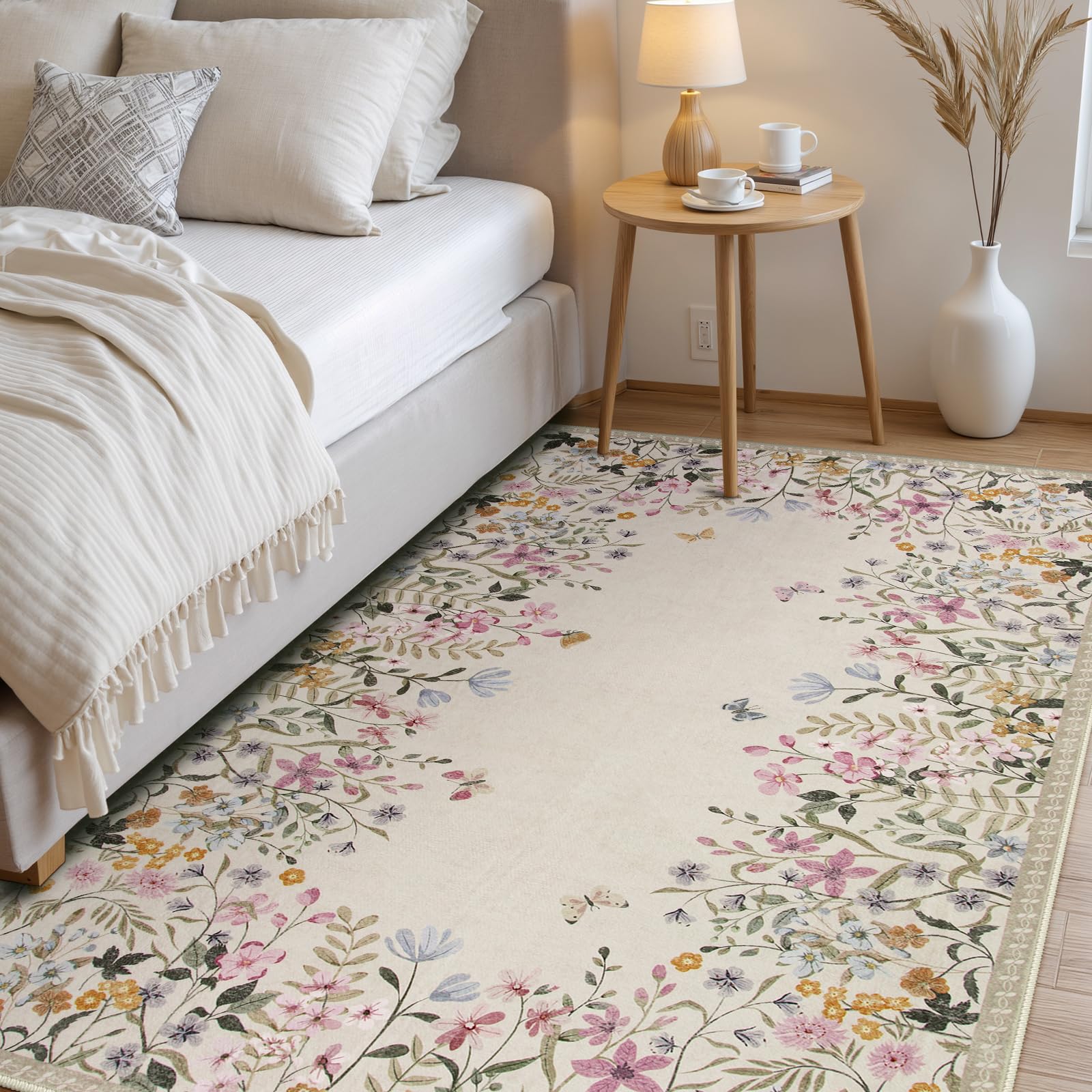 Wonnitar non-slip backing floral rug stays in place on wood or tile floors.