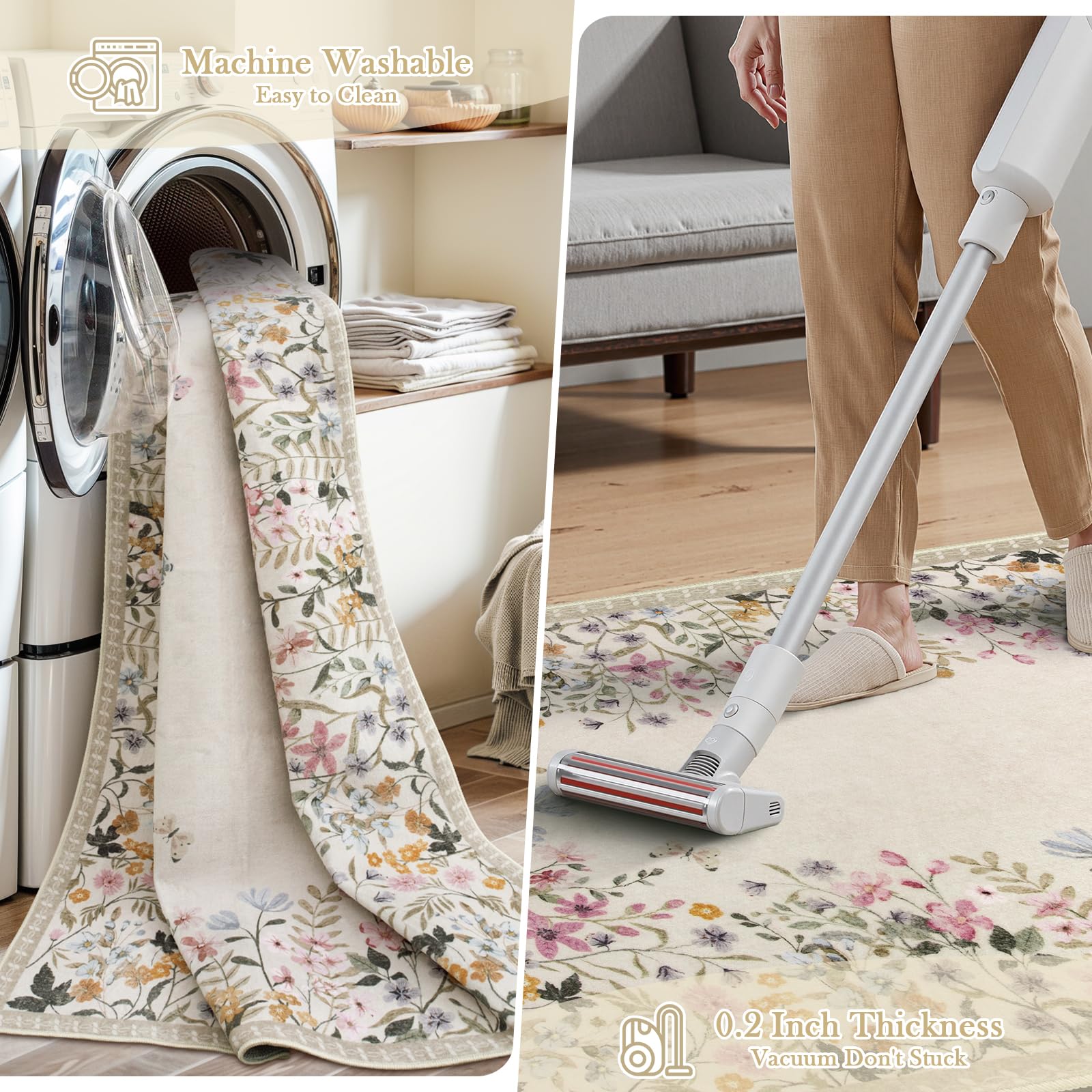 Wonnitar pet-friendly floral area rug designed for daily wear and easy cleaning.